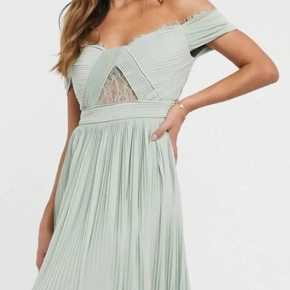 Asos premium lace and pleat Bardot maxi dress sage green NWT 4 - Picture 3 of 12